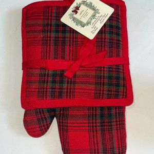 RIDGEFIELD HOME OVEN MITT AND POTHOLDER SET 100% COTTON RED BLACK COTTON NEW